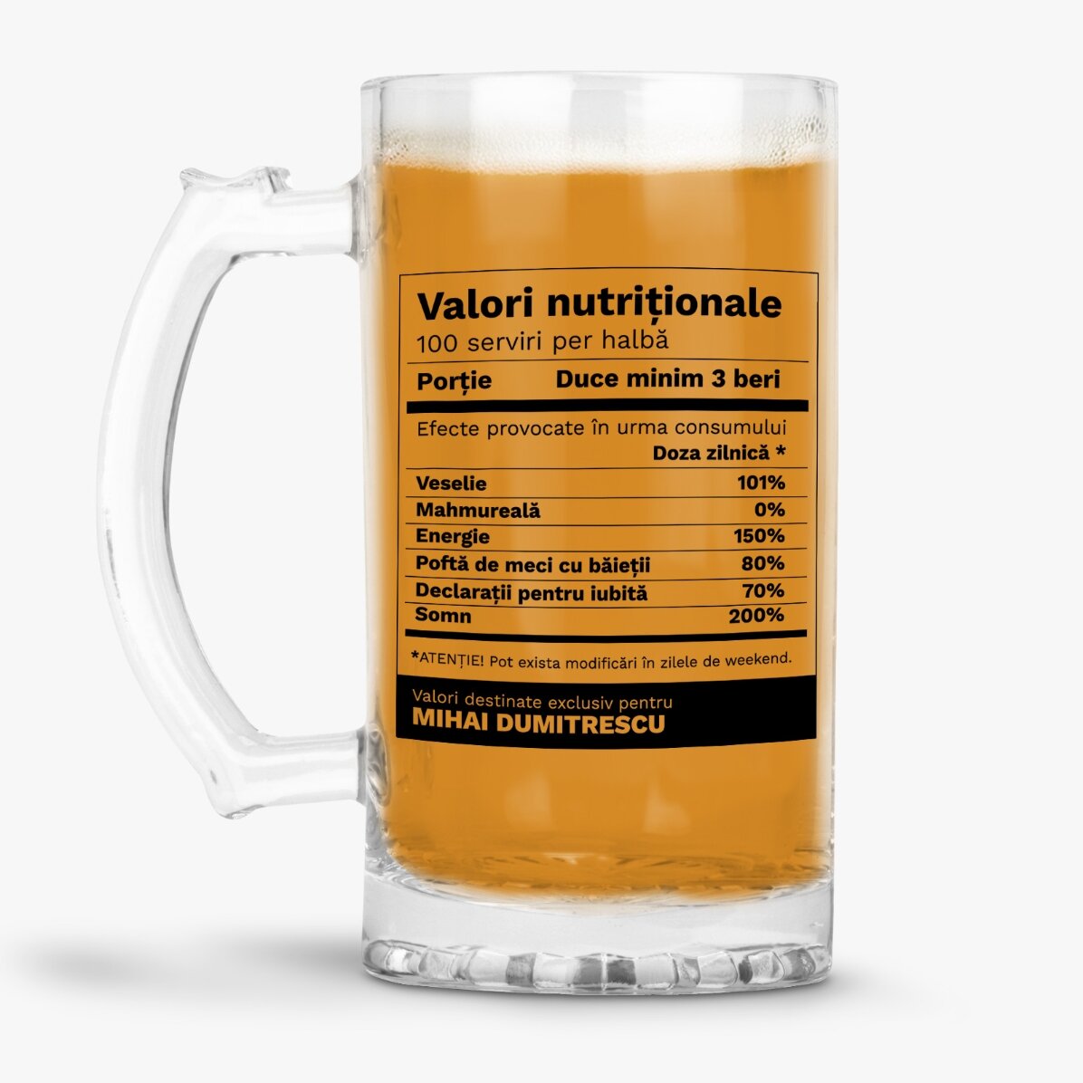 Chope à bière personnalisée avec un texte - Valeurs nutritionnelles amusantes