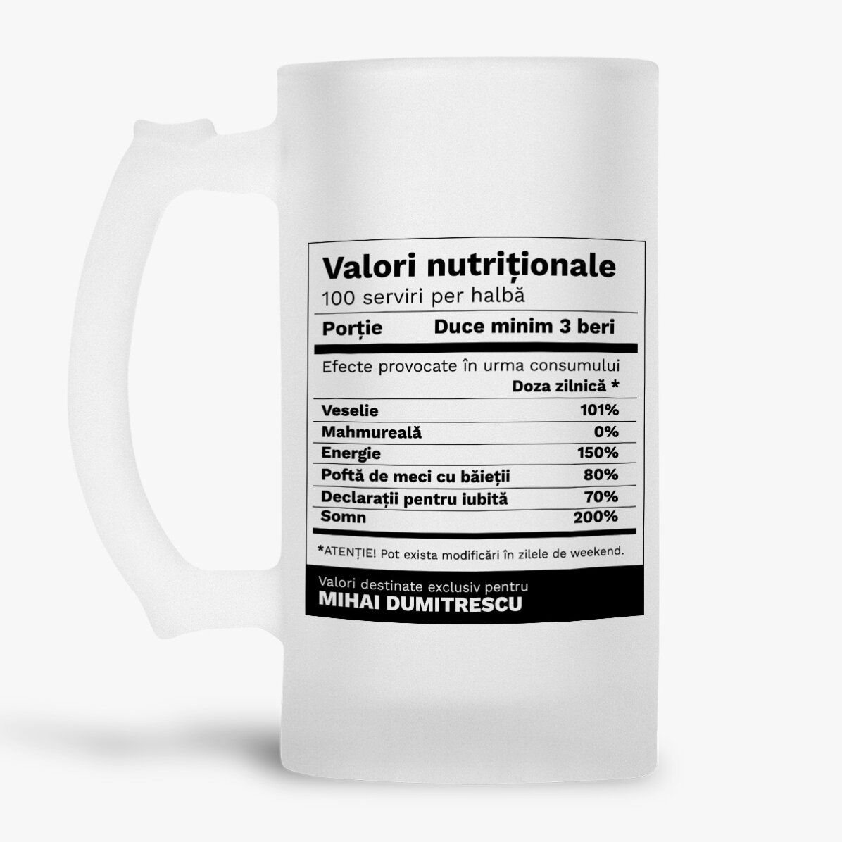 Chope à bière personnalisée avec un texte - Valeurs nutritionnelles amusantes