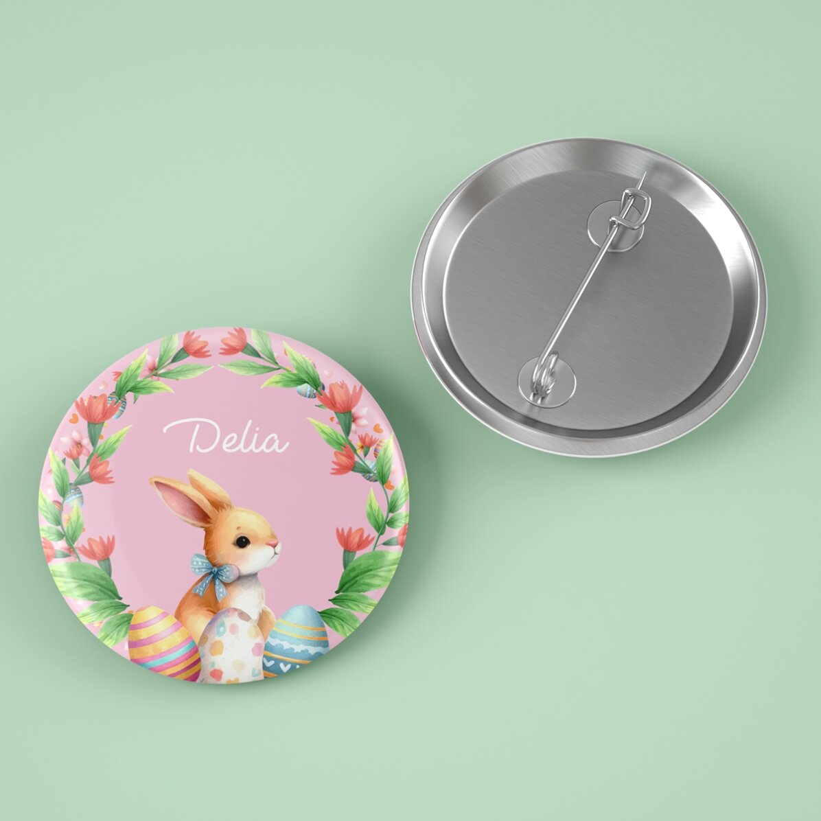 Badge personnalisé avec un prénom pour Pâques - Lapin