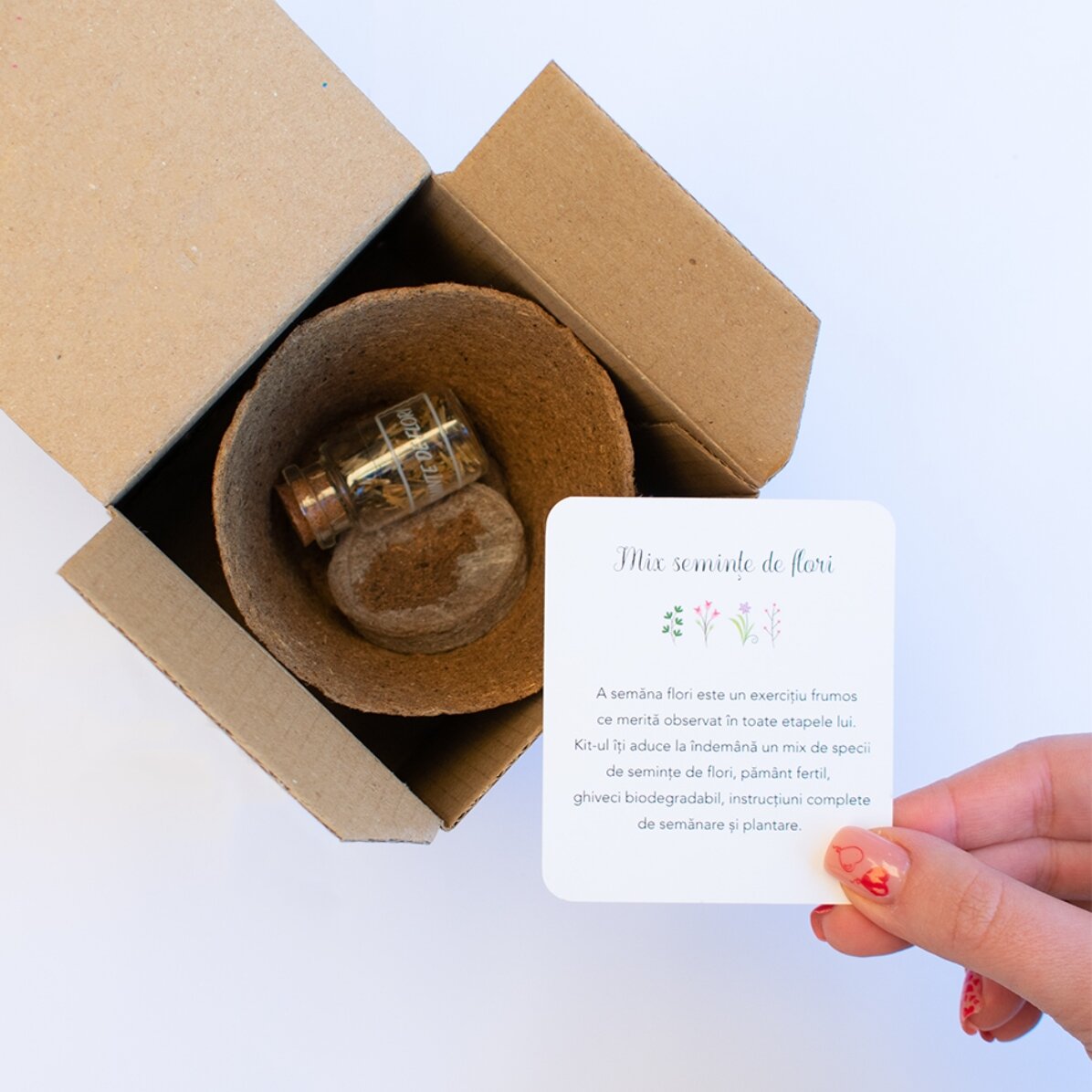 Kit de plantation de fleurs de printemps dans une petite boîte personnalisée avec une photo et un me