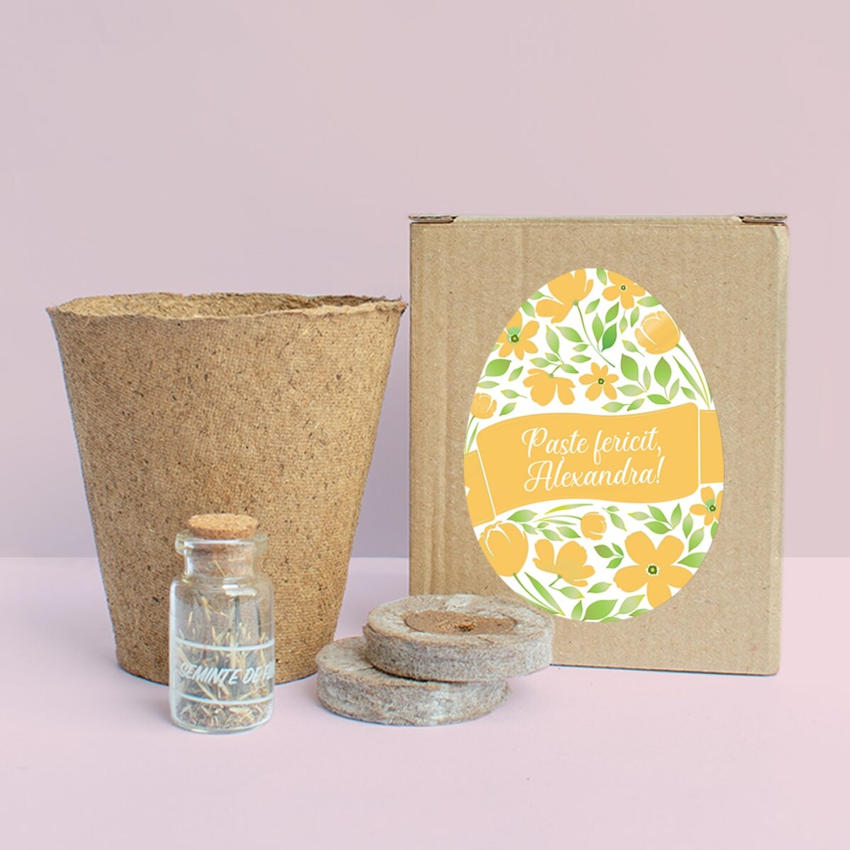 Kit de plantation de fleurs dans une petite boîte personnalisée avec le message « Joyeuses Pâques ! 