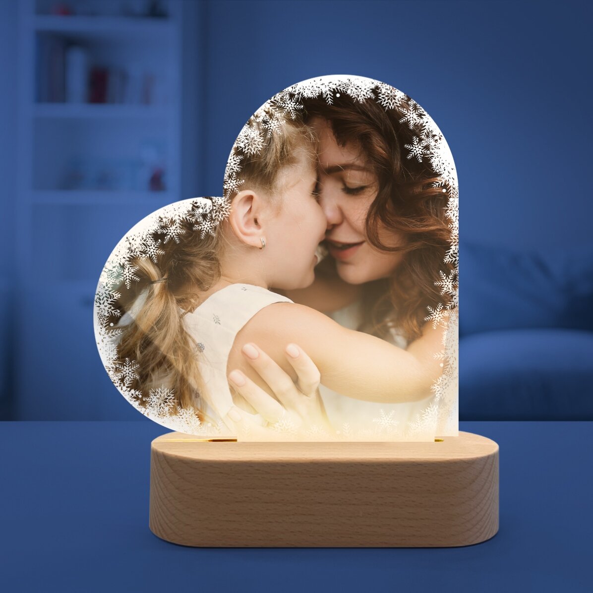 Lampe de veille LED en forme de cœur personnalisée avec une photo - Flocons de neige
