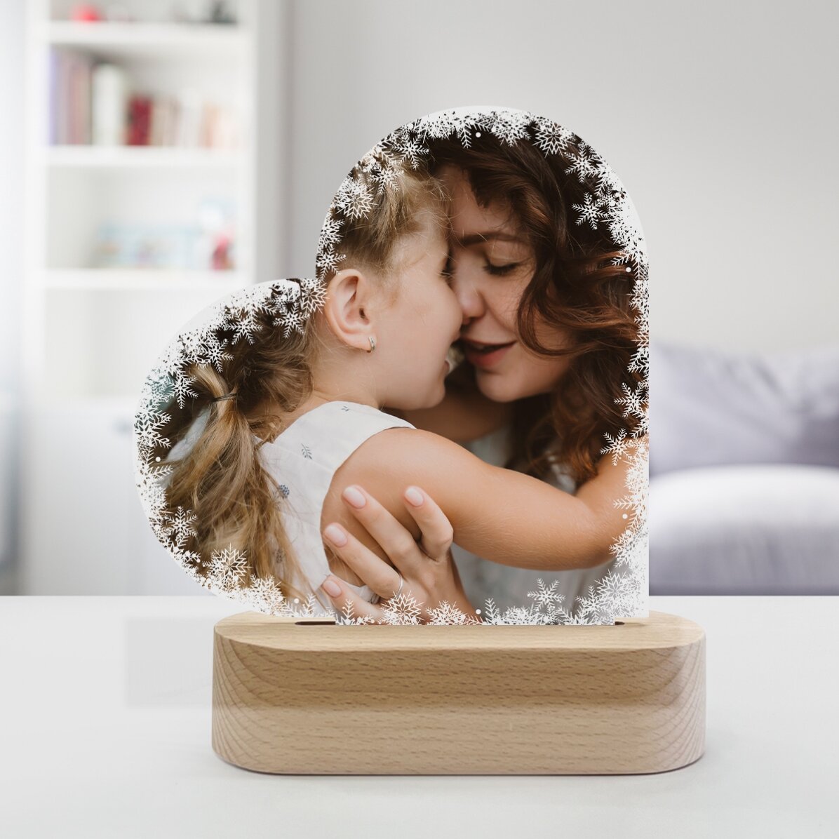 Lampe de veille LED en forme de cœur personnalisée avec une photo - Flocons de neige