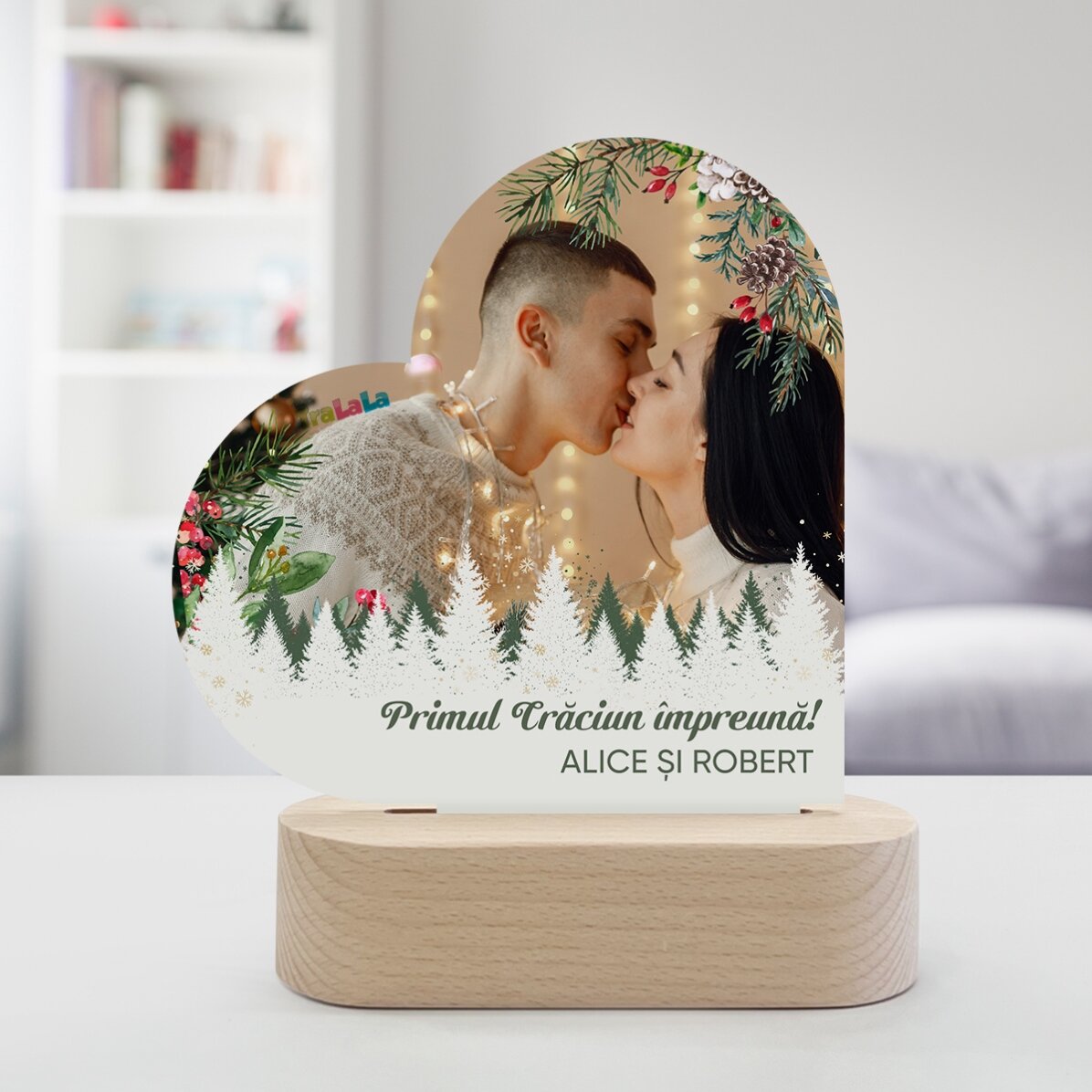 Lampe de veille LED en forme de cœur personnalisée avec une photo et un message - Joyeux Noël