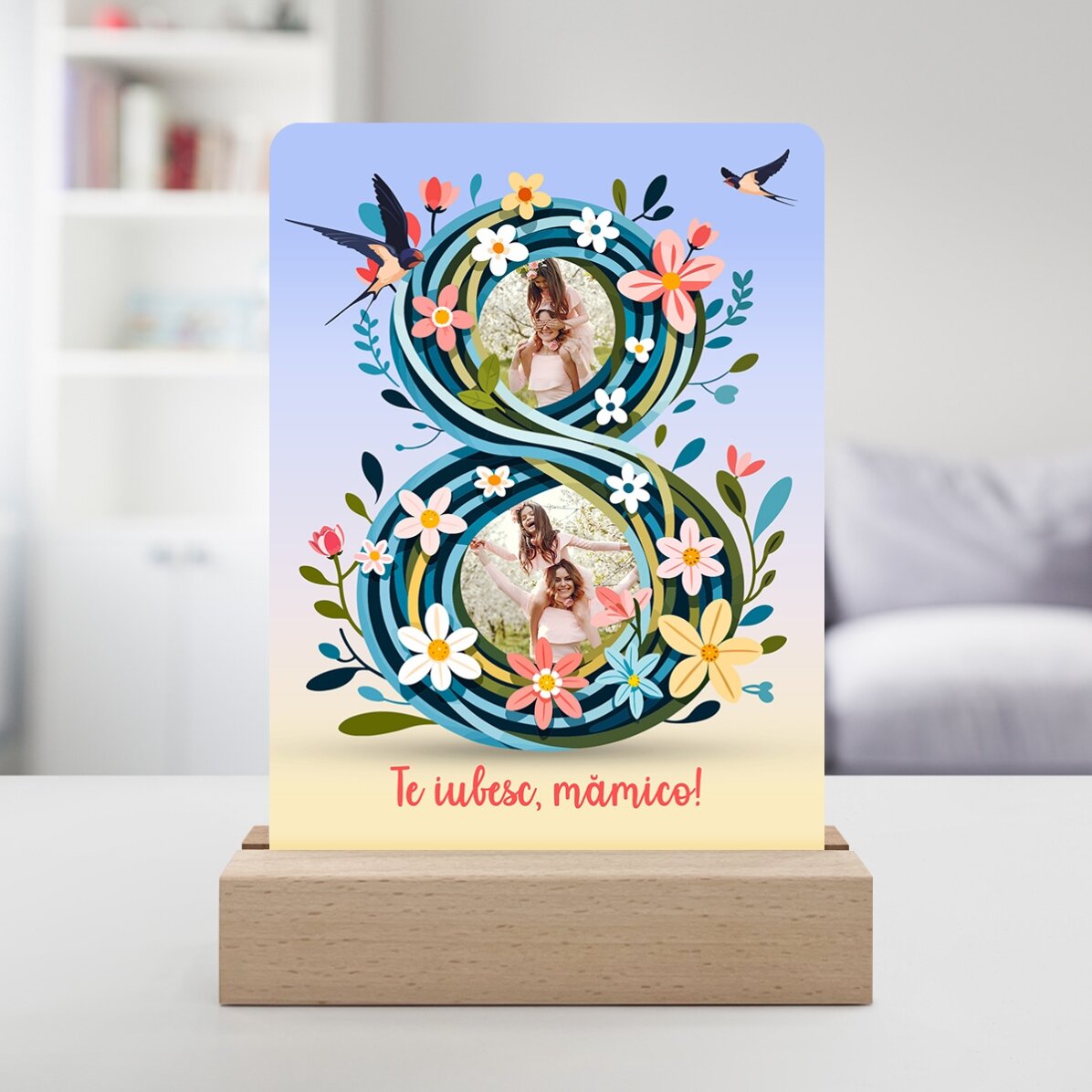 Lampe de veille LED personnalisée avec 2 photos et un texte - 8 floral