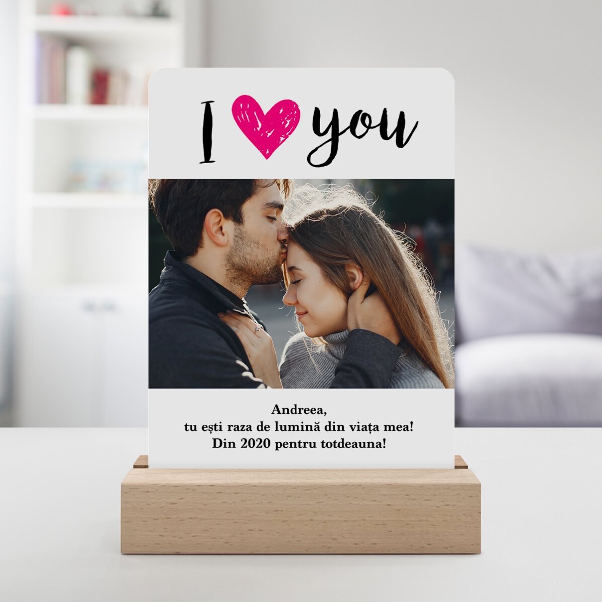 Lampe de veille LED personnalisée avec une photo et un message - « I love you »