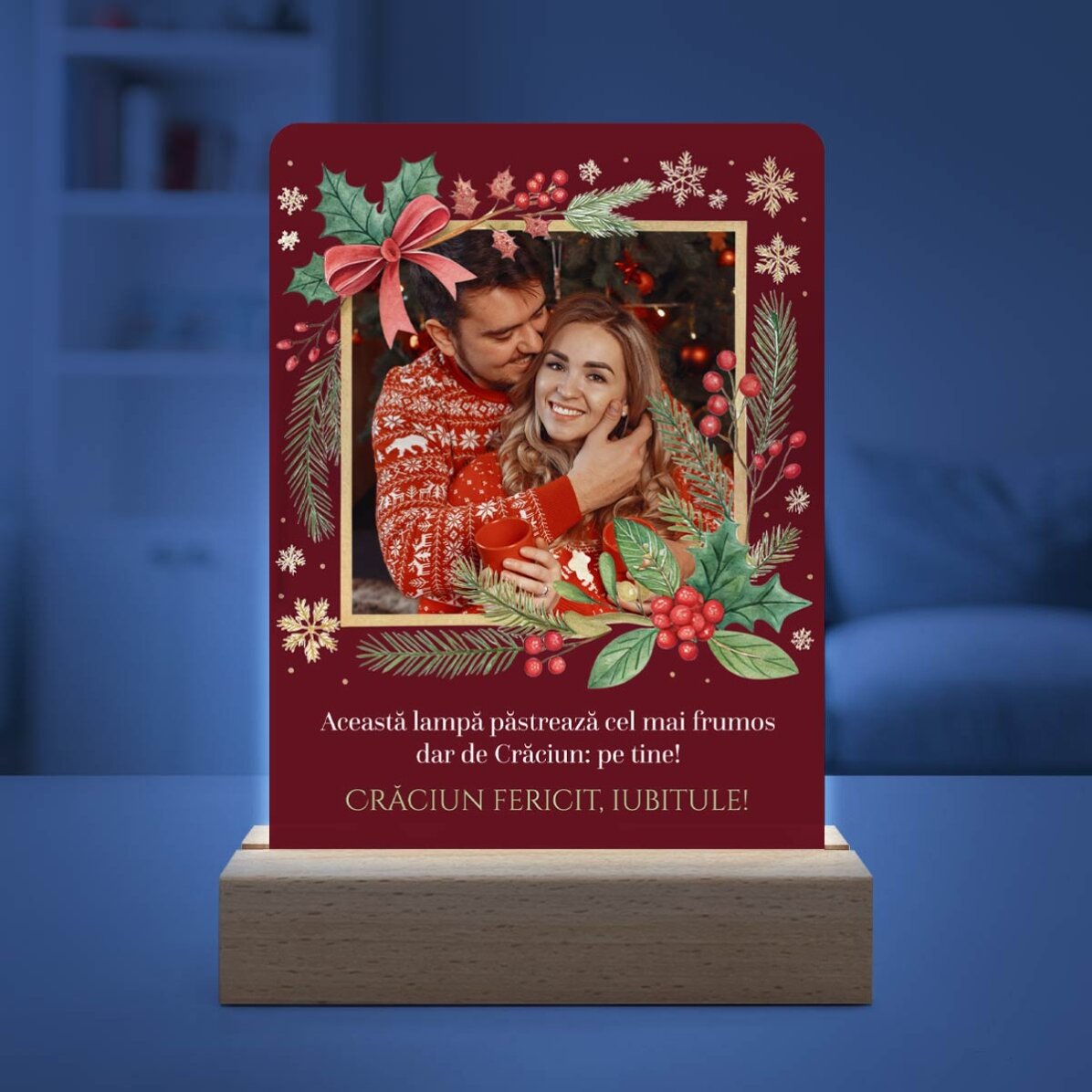 Lampe de veille LED personnalisée avec photo et message - Joyeux Noël !