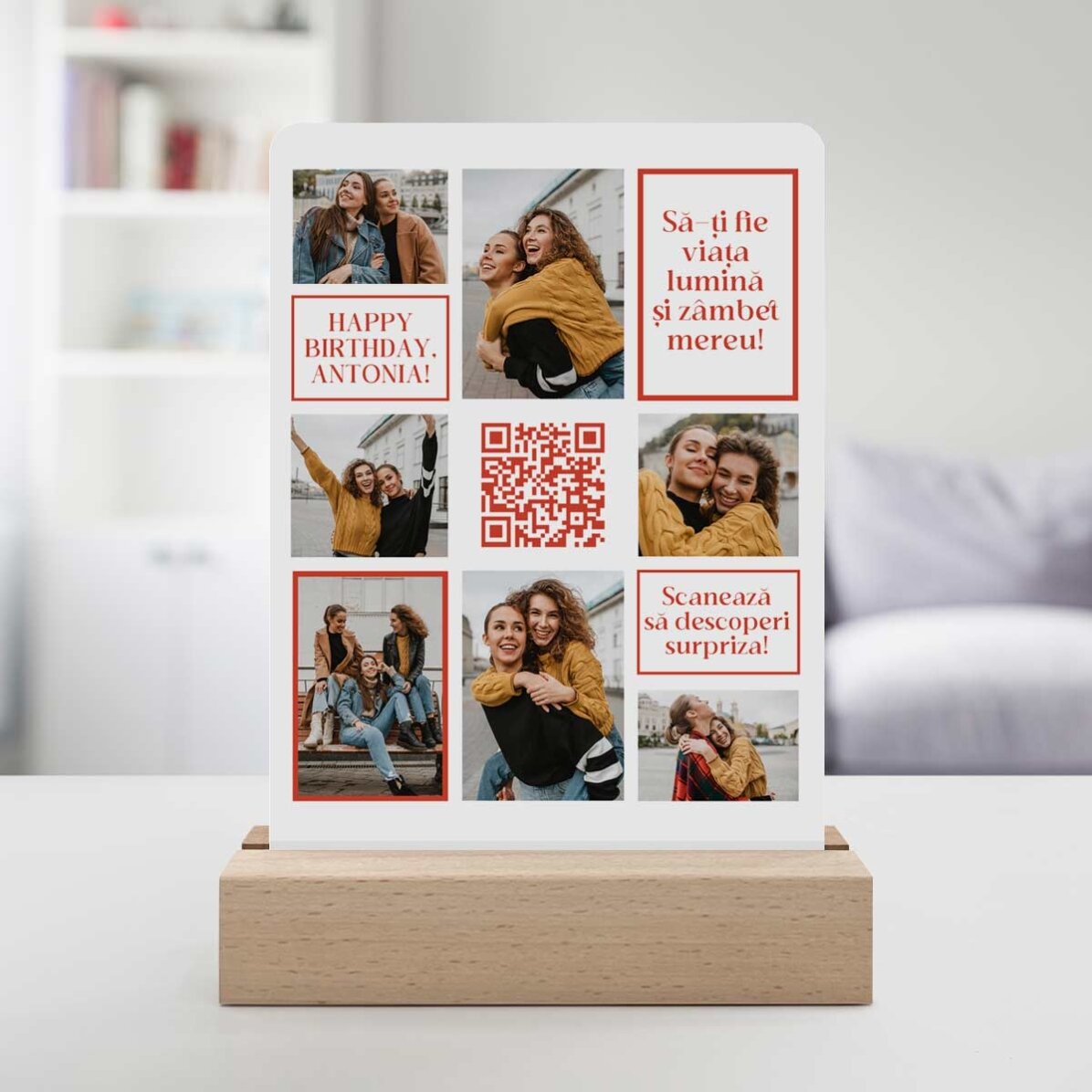 Lampe de veille LED personnalisée avec 7 photos, un message et un code QR - Joyeux anniversaire !