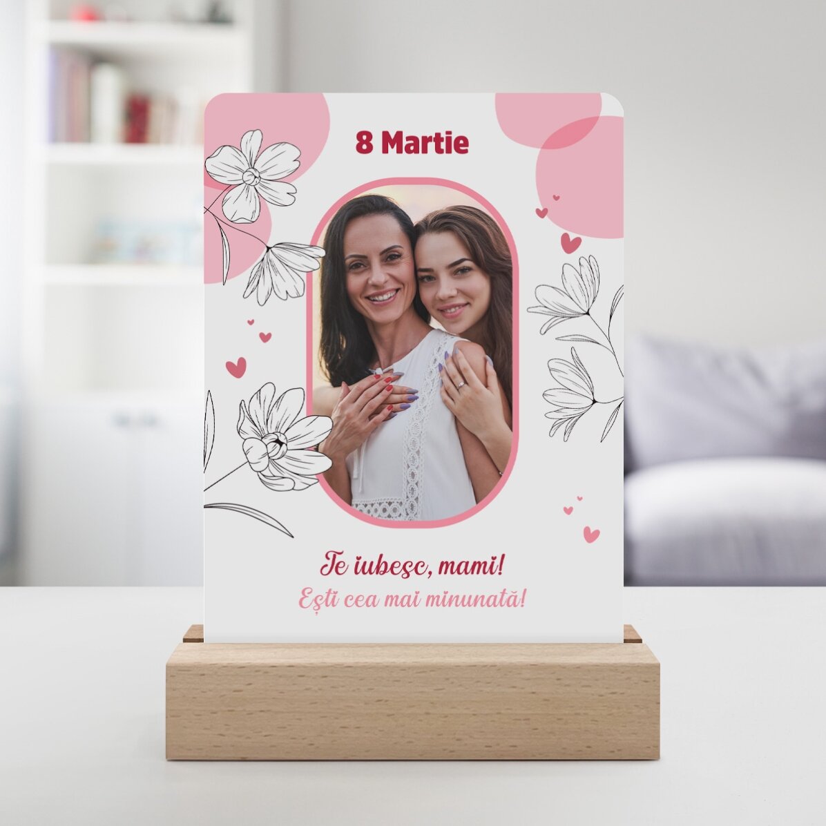Lampe de veille LED personnalisée avec une photo et un texte - Floral