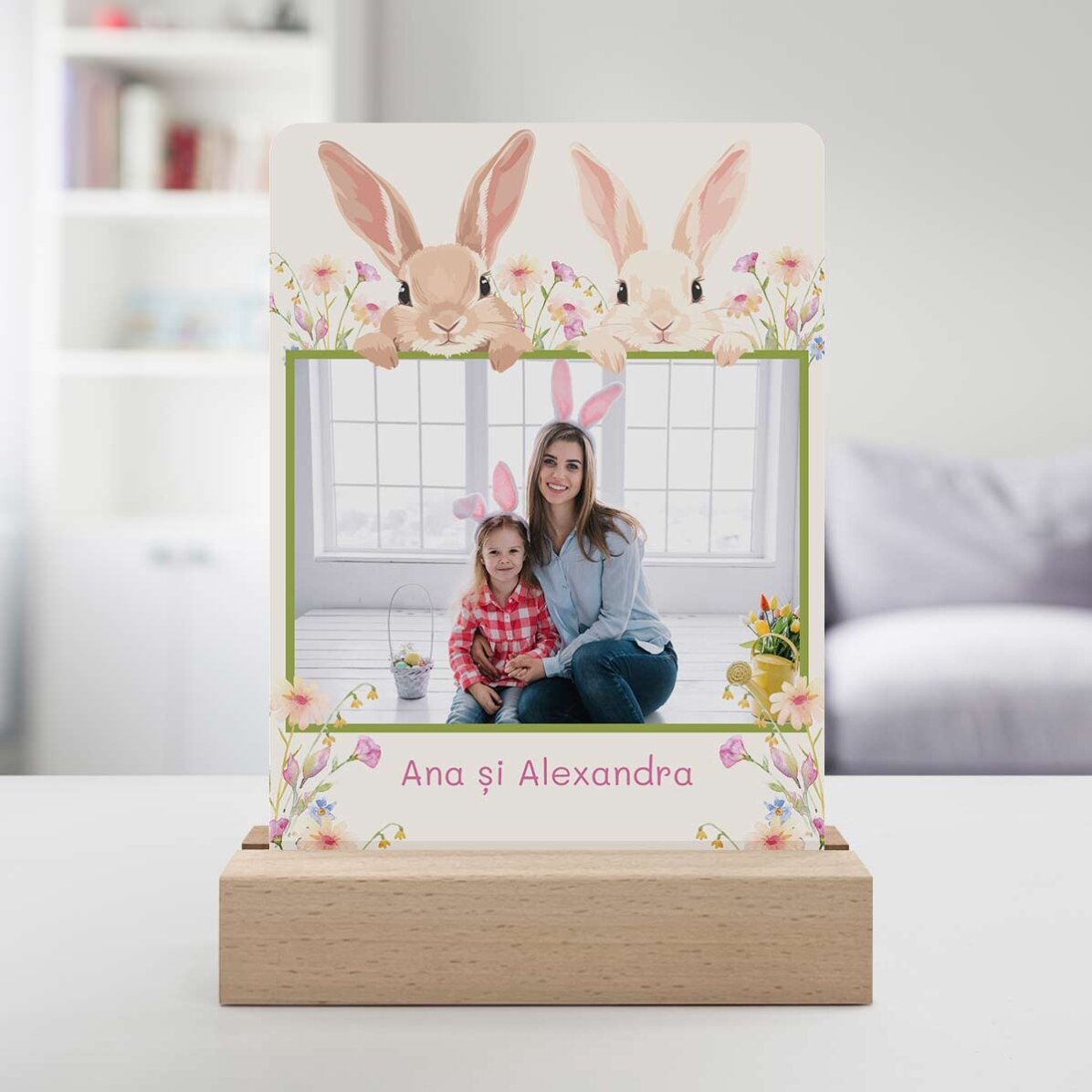 Lampe de veille LED personnalisée avec une photo et un texte - Lapins