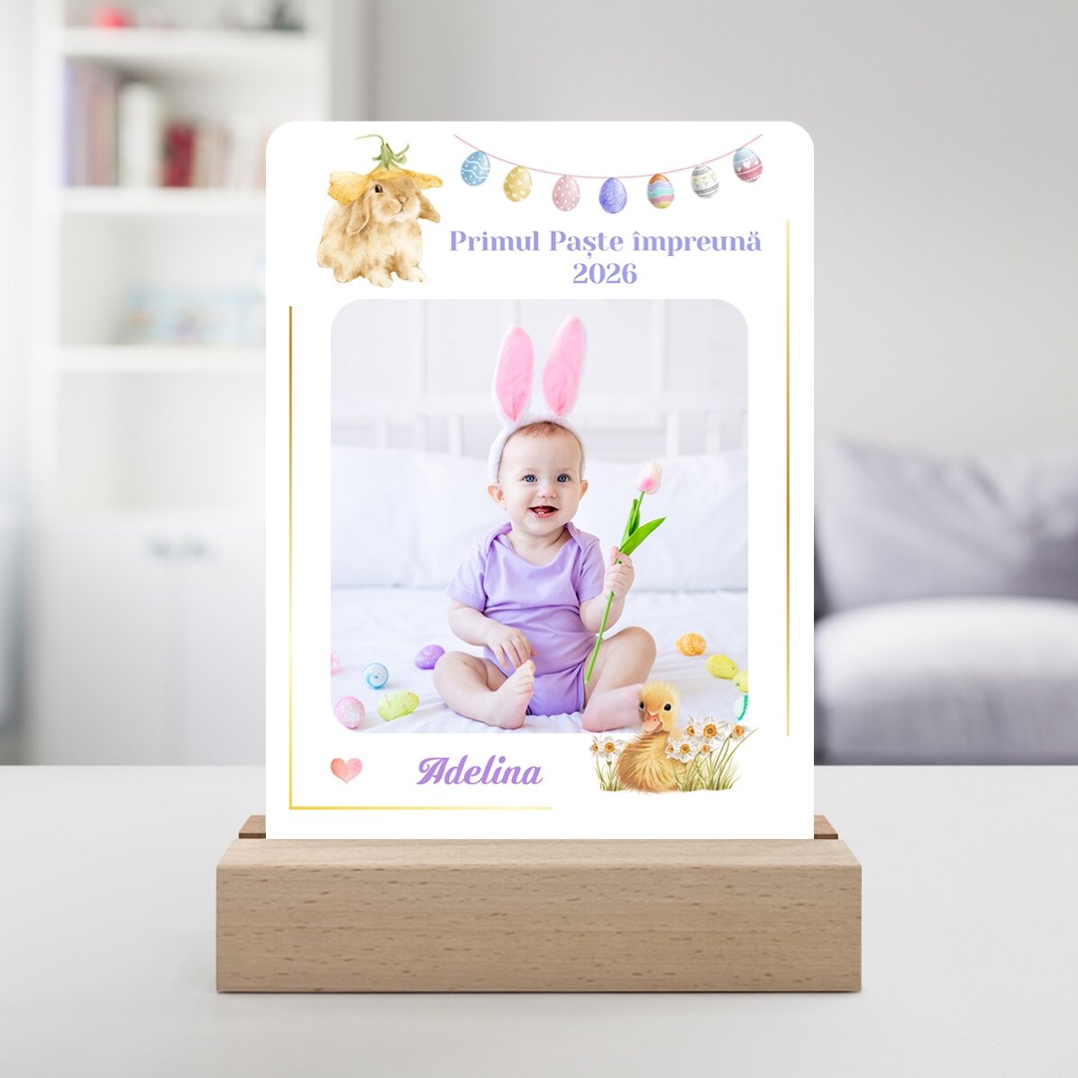 Lampe de veille LED personnalisée avec une photo et un texte - Première Pâques