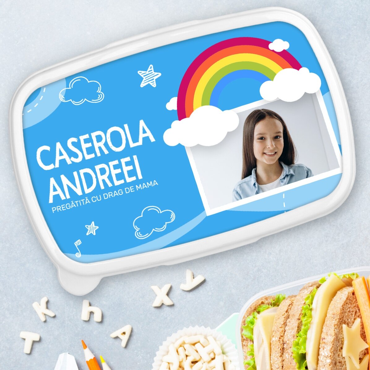 Boîte à repas, boîte à repas personnalisée avec une photo et un prénom - Modèle arc-en-ciel
