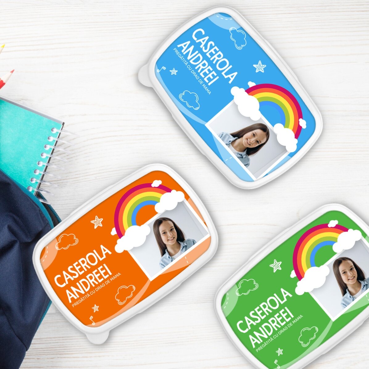 Boîte à repas, boîte à repas personnalisée avec une photo et un prénom - Modèle arc-en-ciel