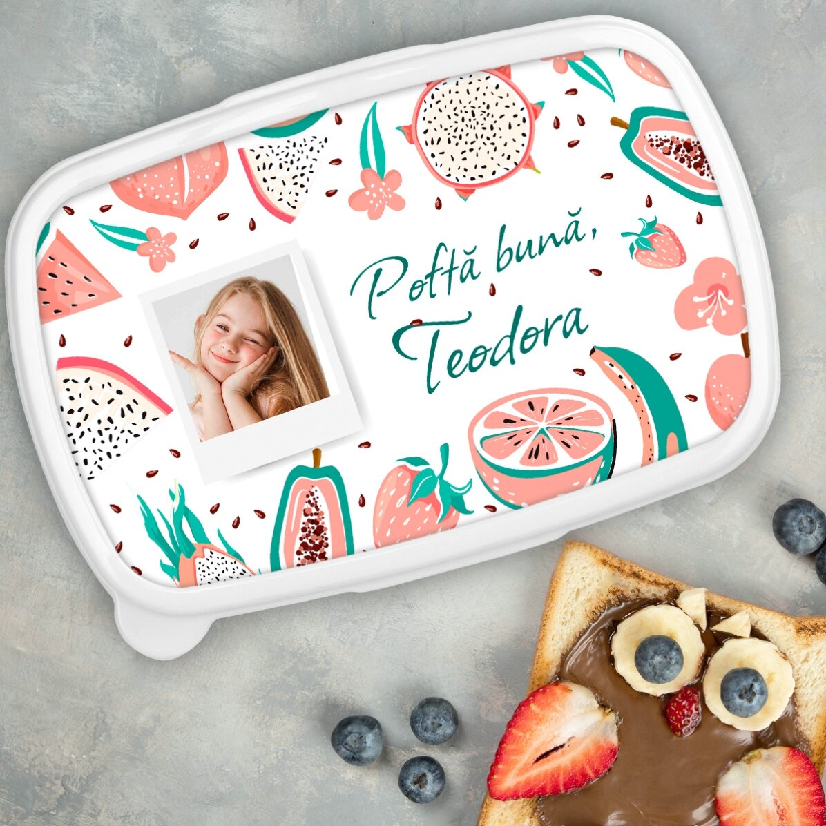 Boîte à repas, barquette personnalisée avec une photo et un message - Fruits