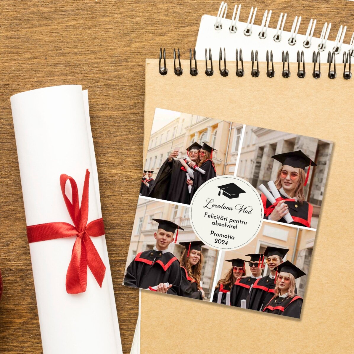 Aimant personnalisé de 10 x 10 cm avec 4 photos et un texte - Remise des diplômes