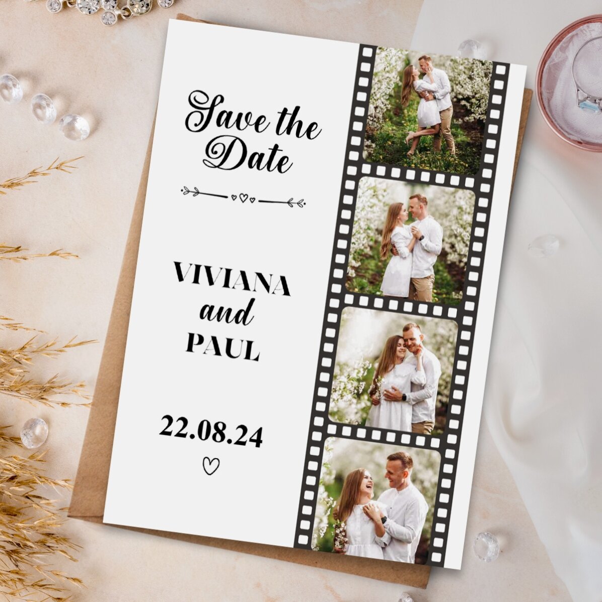 Aimant personnalisé de 10 x 15 cm avec 4 photos et un texte - « Save the date »