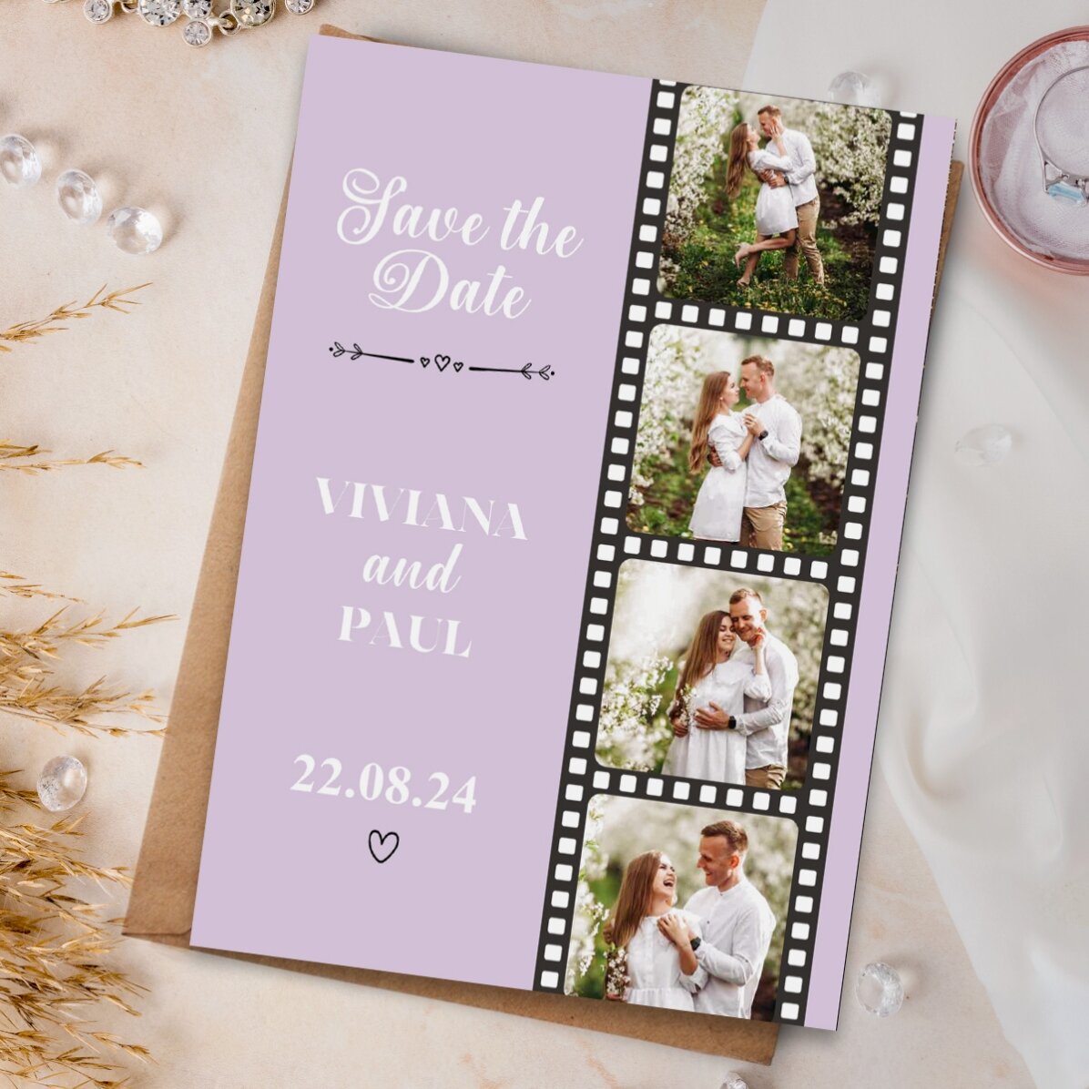 Aimant personnalisé de 10 x 15 cm avec 4 photos et un texte - « Save the date »