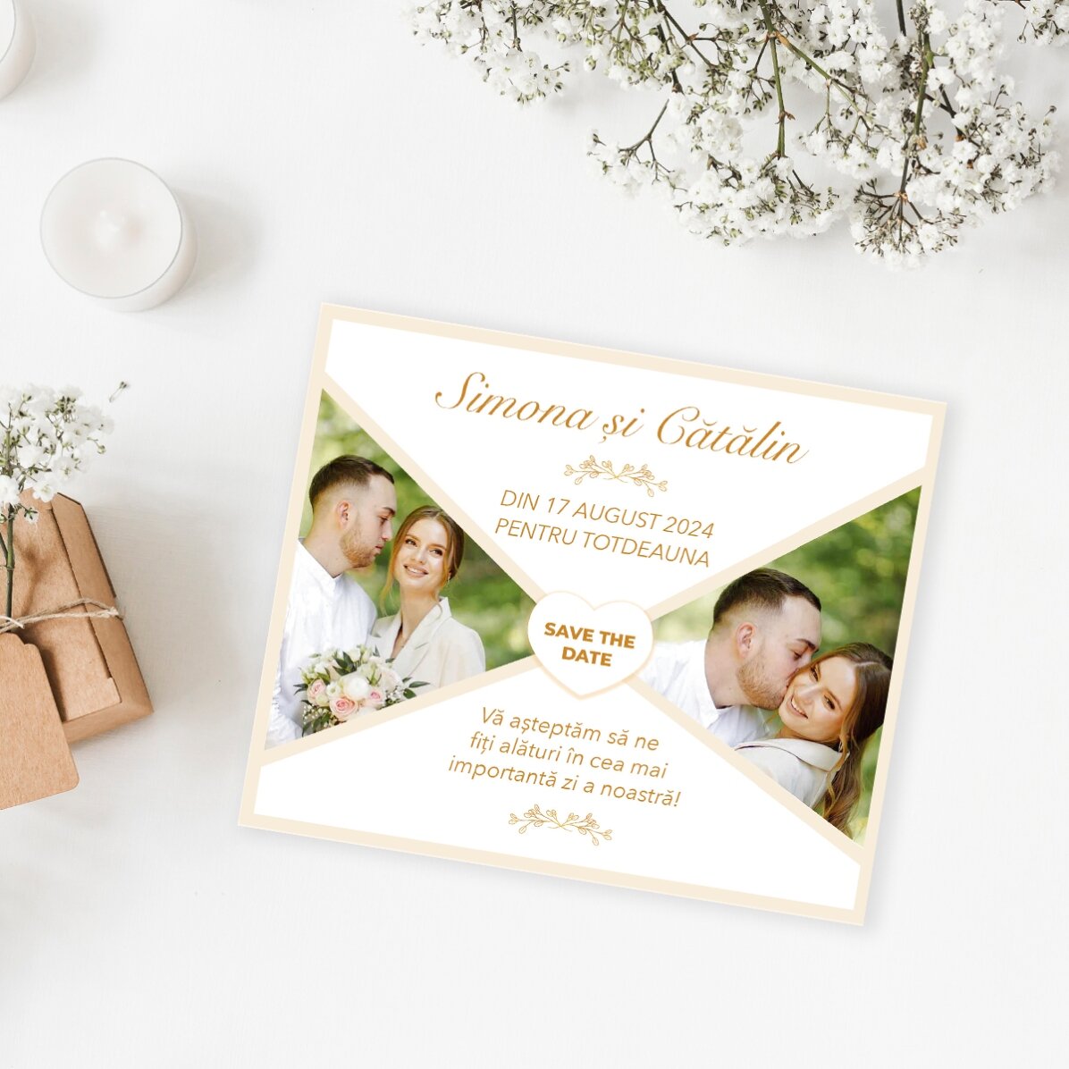 Aimant personnalisé de 12 x 10 cm avec 2 photos et un texte - « Save the date »