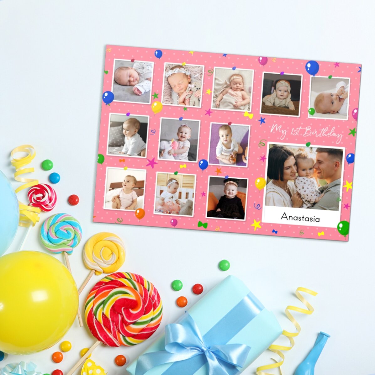 Aimant personnalisé 18 x 13 cm avec photos et texte - « My first birthday »