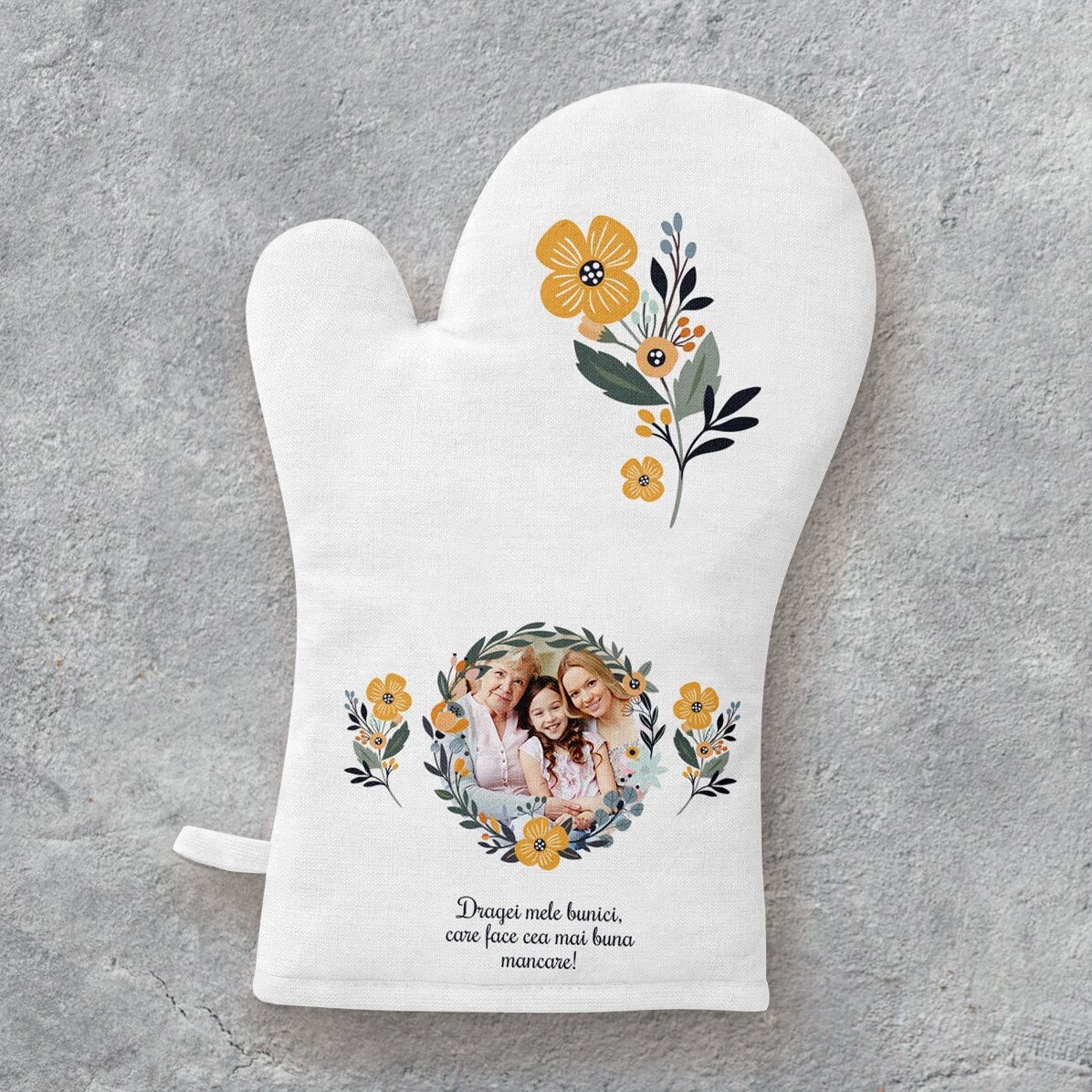 Gant de cuisine personnalisé avec photo et texte - Motif floral