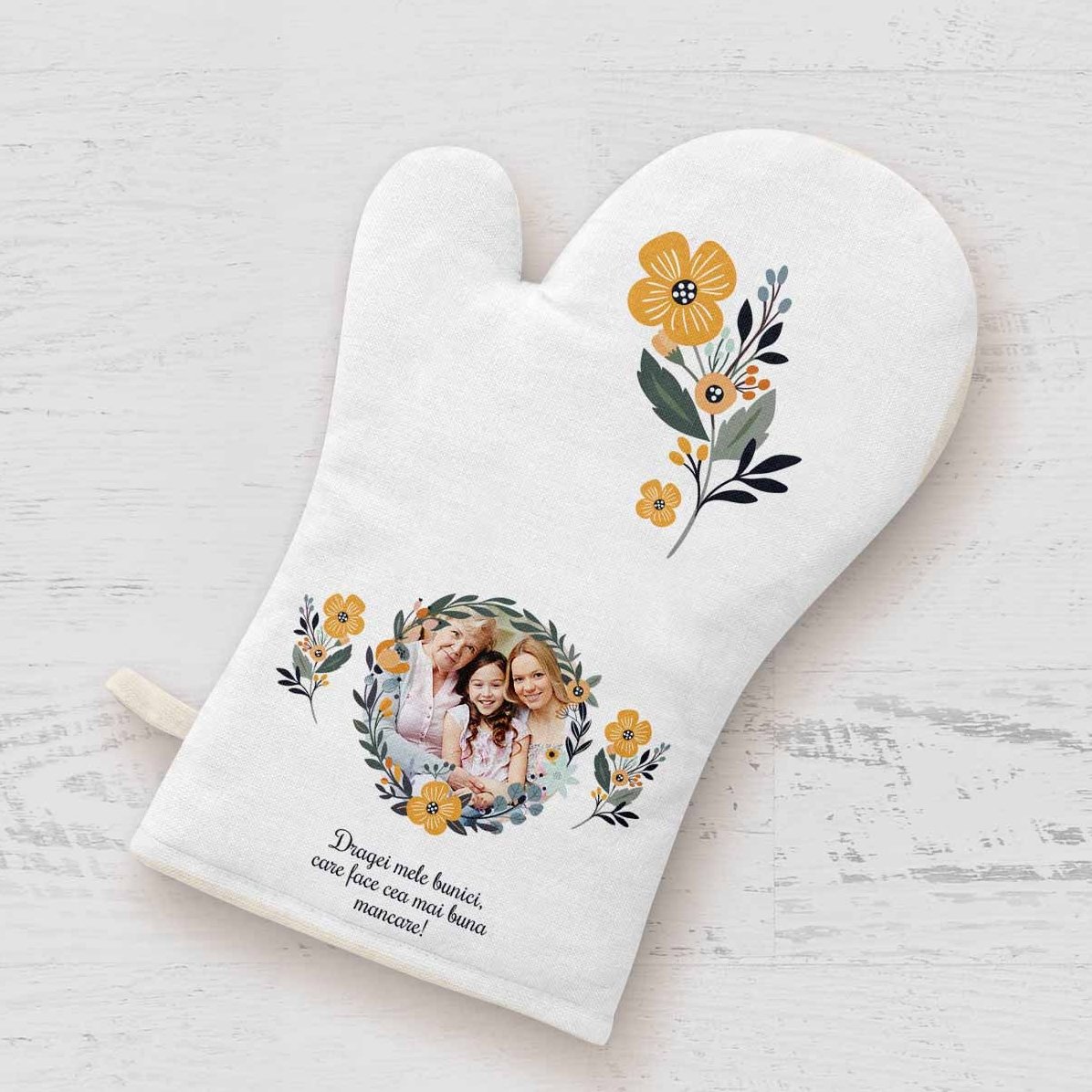 Gant de cuisine personnalisé avec photo et texte - Motif floral