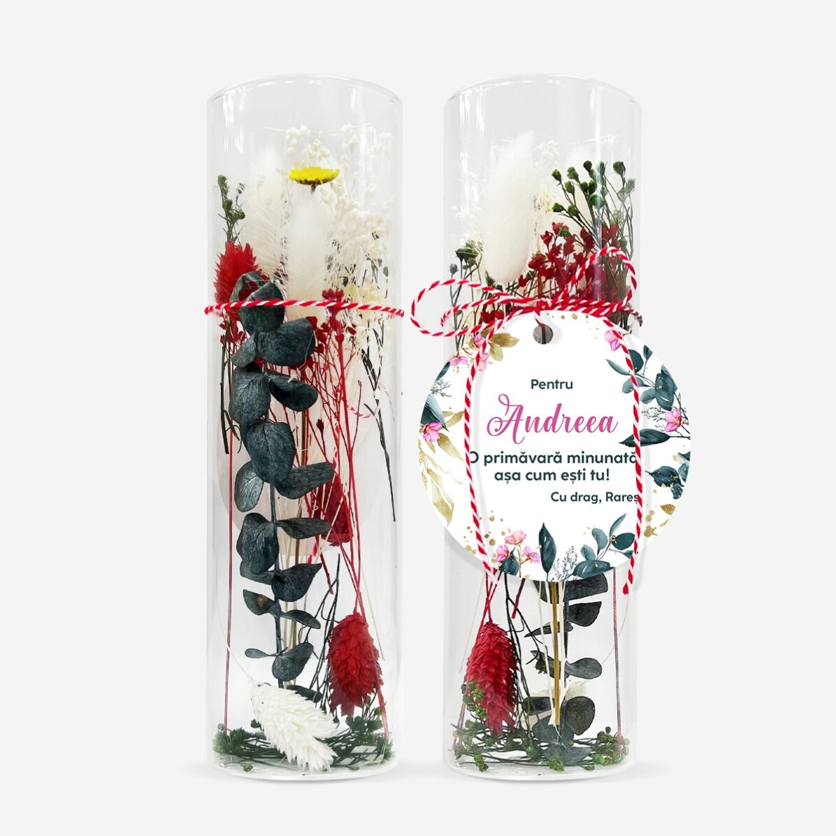 Pendentif martisor en verre avec des fleurs stabilisées, personnalisé avec un message - Ma chérie