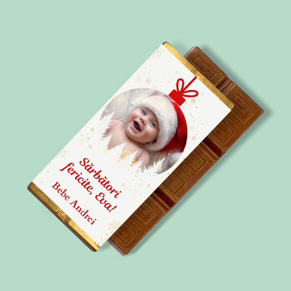 Mini-tablette de chocolat personnalisée avec une photo et un message - Boule de Noël