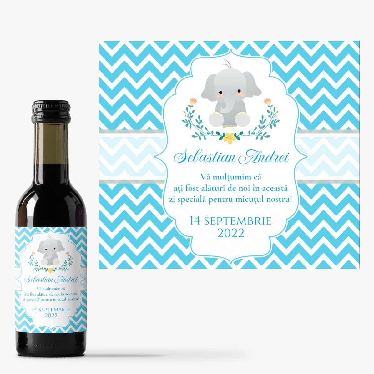 Mini-bouteille de vin personnalisée pour un baptême, avec inscription - Éléphant