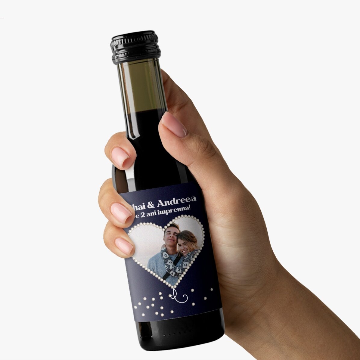 Mini-bouteille de vin personnalisée avec une photo en forme de cœur nacré
