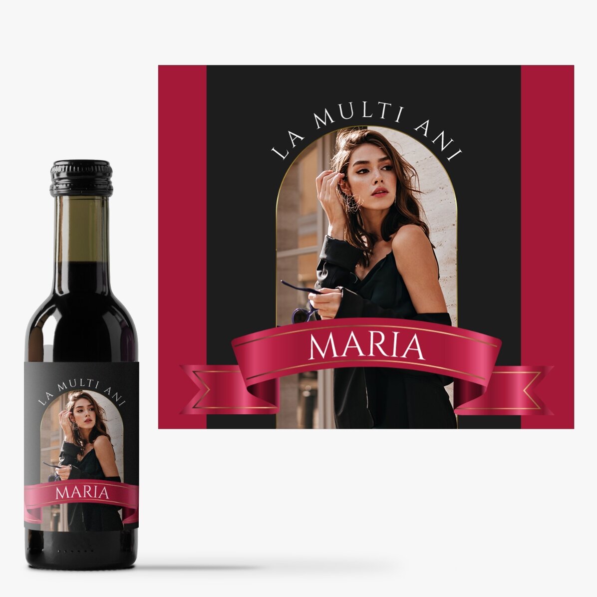 Mini-bouteille de vin personnalisée avec une photo et un texte - Ruban
