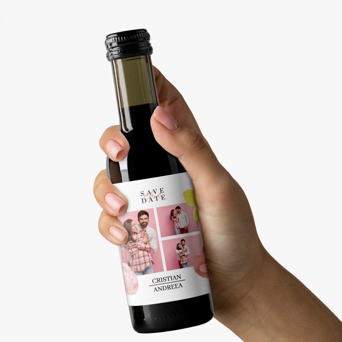 Mini-bouteille de vin personnalisée avec 3 photos et un texte - Save the date