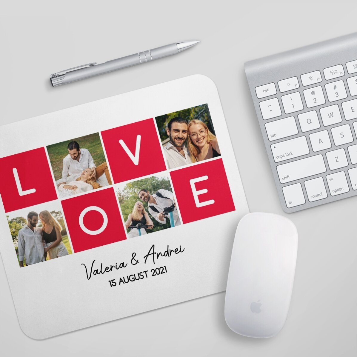 Tapis de souris personnalisé avec 4 photos et un texte - LOVE