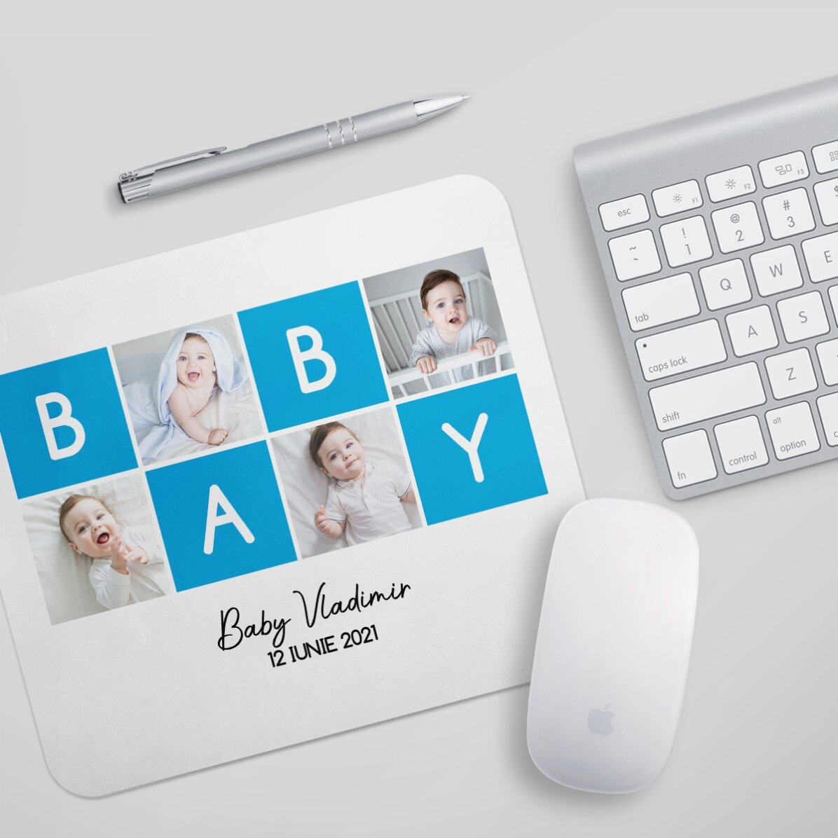 Tapis de souris personnalisé avec 4 photos et un texte - LOVE