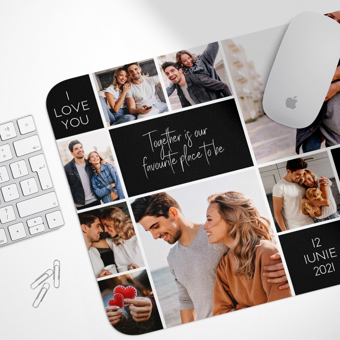 Tapis de souris XL personnalisé avec 9 photos et un texte - Memories