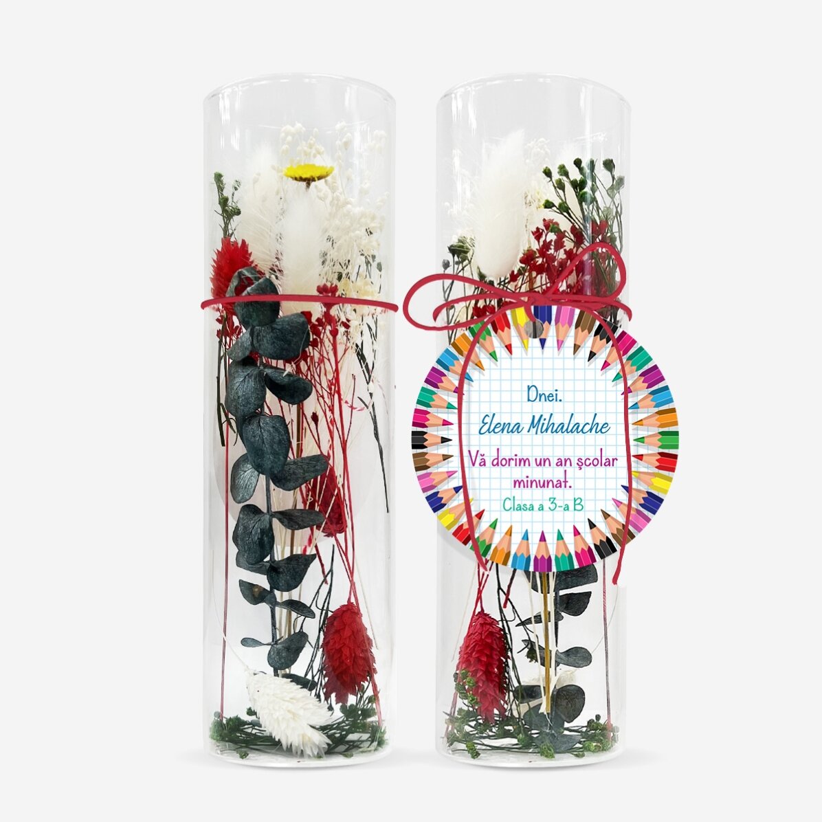 Décoration en verre avec des fleurs stabilisées, personnalisée avec un message pour les enseignantes