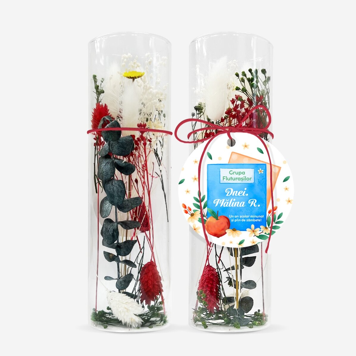 Décoration en verre avec des fleurs stabilisées, personnalisée avec un message pour les enseignantes