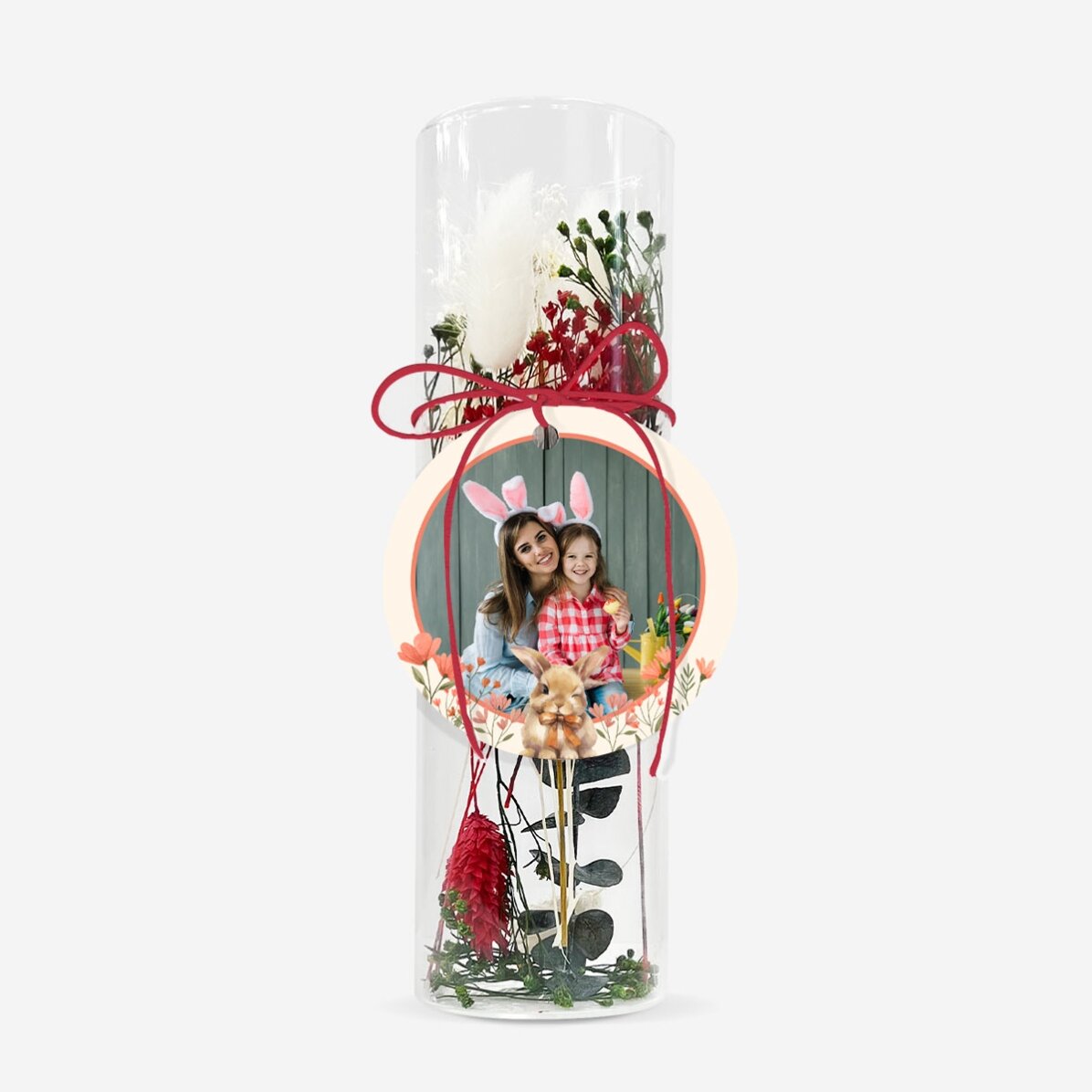 Ornement en verre avec des fleurs stabilisées, personnalisé avec une photo - Bunny
