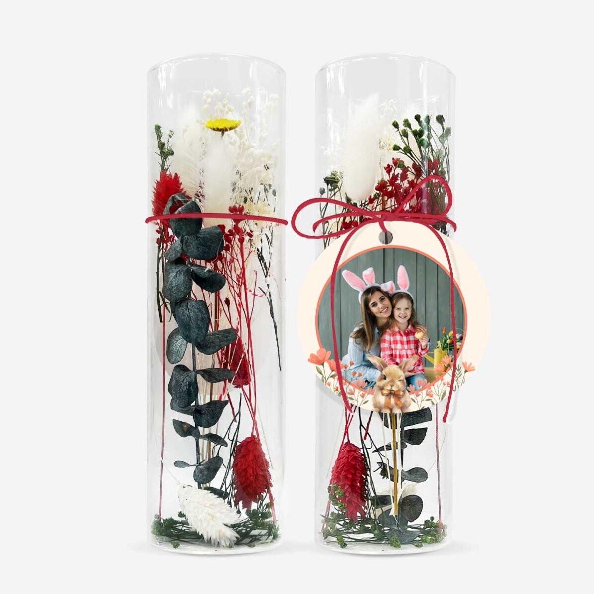 Ornement en verre avec des fleurs stabilisées, personnalisé avec une photo - Bunny