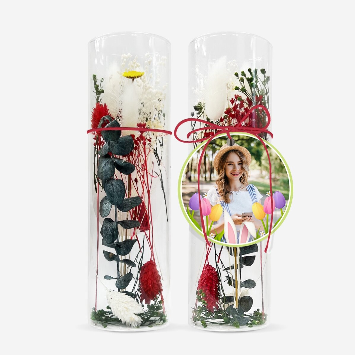 Décoration en verre avec des fleurs stabilisées, personnalisée avec une photo - Pâques