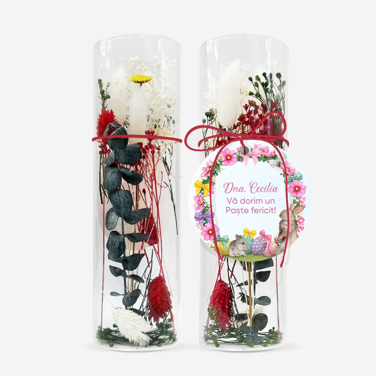 Décoration en verre avec des fleurs stabilisées, personnalisée avec un message pour Pâques
