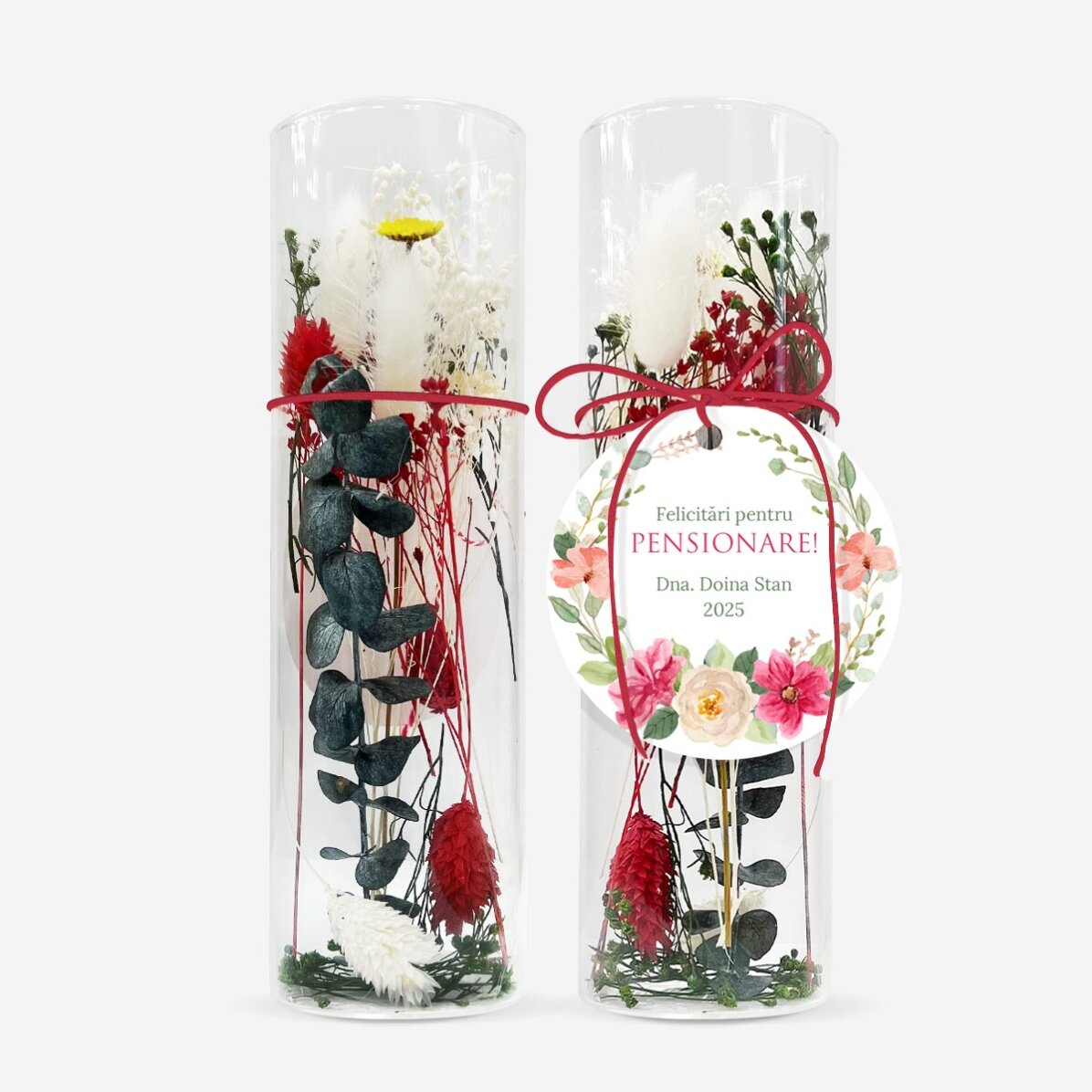 Ornement en verre avec des fleurs stabilisées, personnalisé avec un texte - Départ à la retraite
