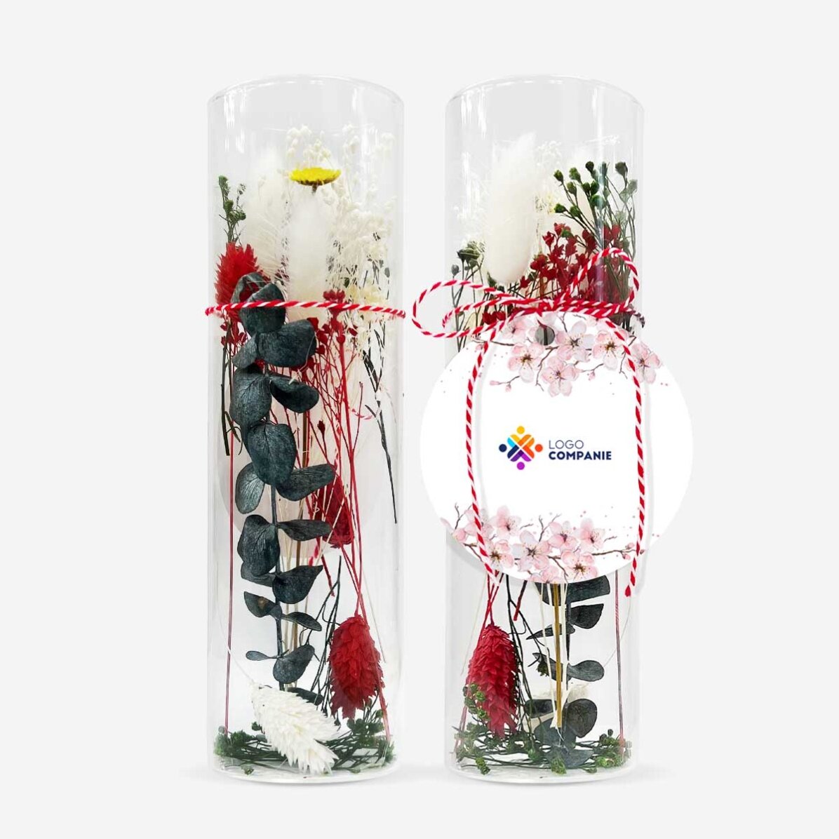 Décoration « martisor » en verre avec fleurs stabilisées, personnalisée avec un logo - Fleurs