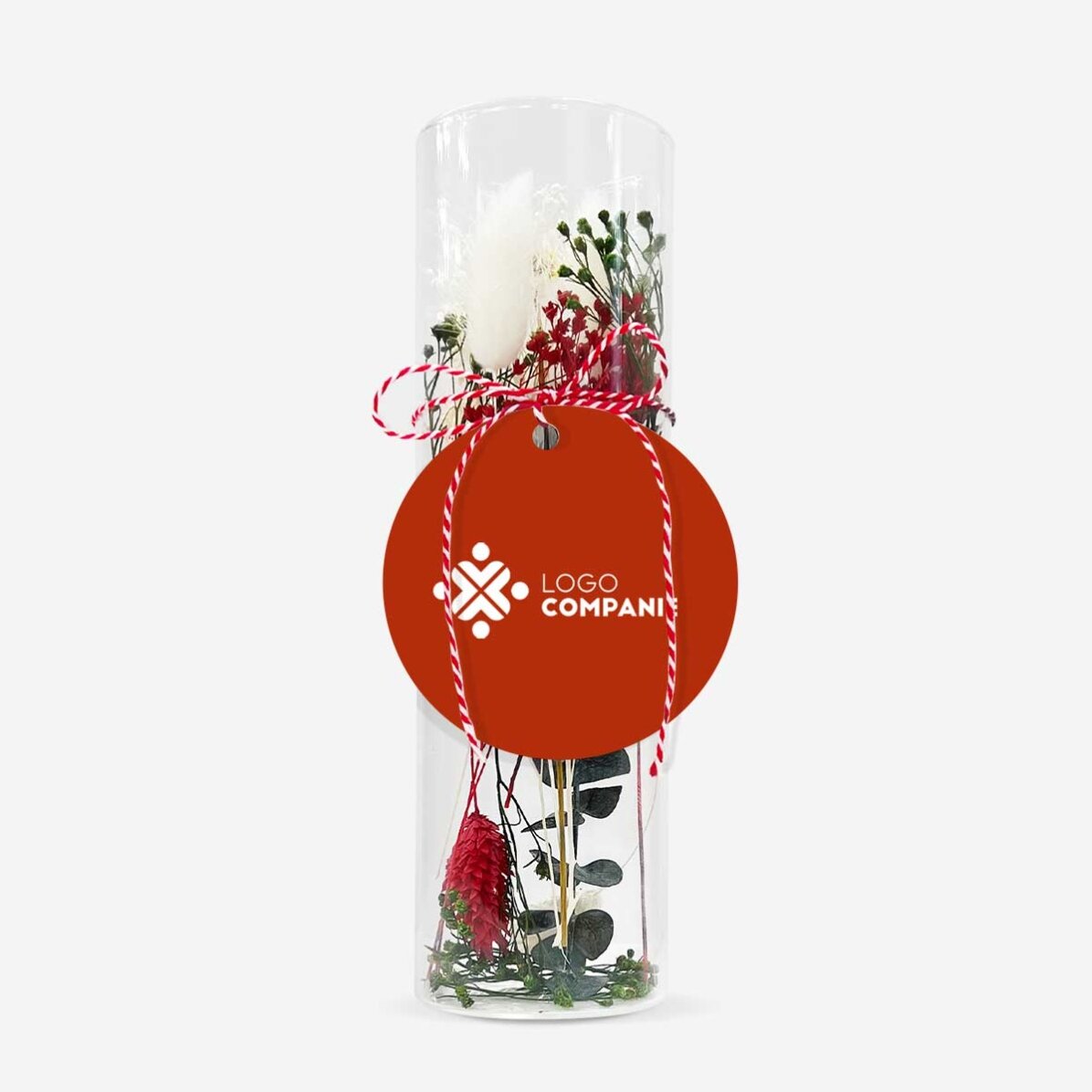 Pendentif « martisor » en verre avec fleurs stabilisées, personnalisé avec un logo