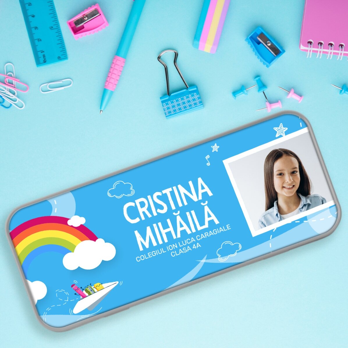 Trousse personnalisée avec une photo et un texte - Modèle arc-en-ciel