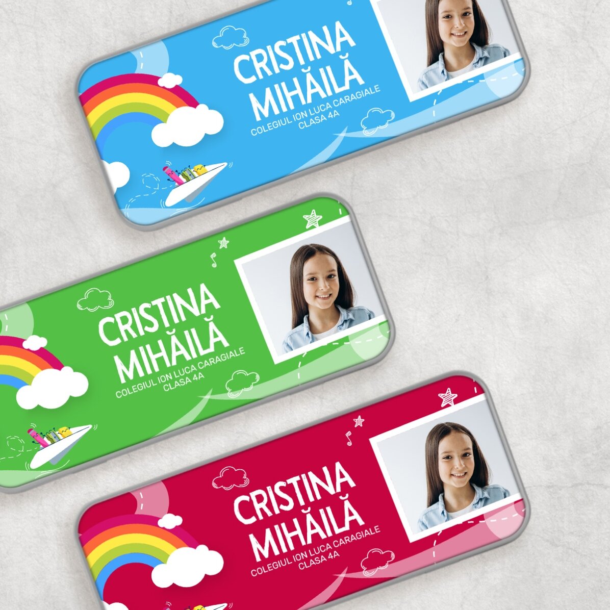 Trousse personnalisée avec une photo et un texte - Modèle arc-en-ciel