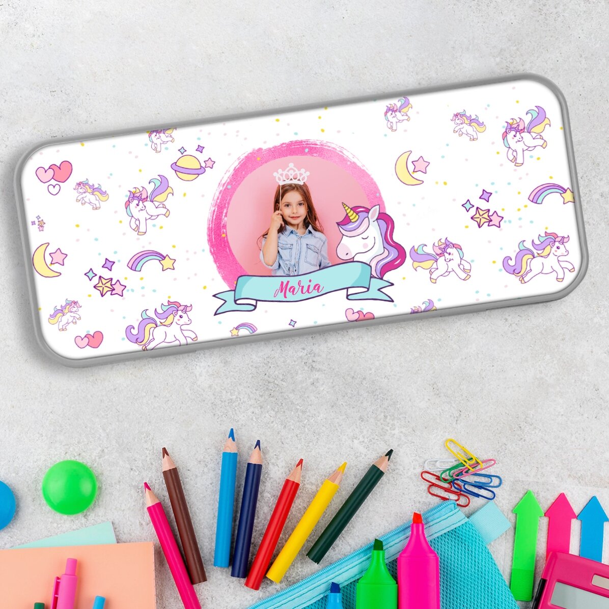 Personalised pencil case with a photo and text - Unicorn