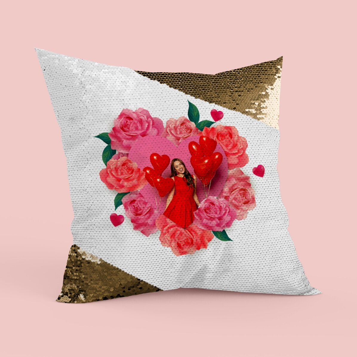 Coussin à paillettes personnalisé avec une photo et des roses