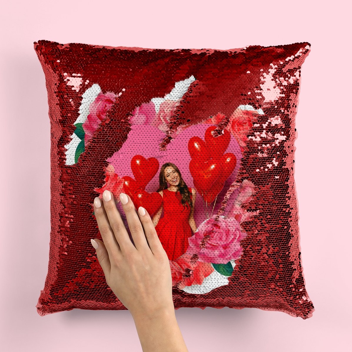 Coussin à paillettes personnalisé avec une photo et des roses
