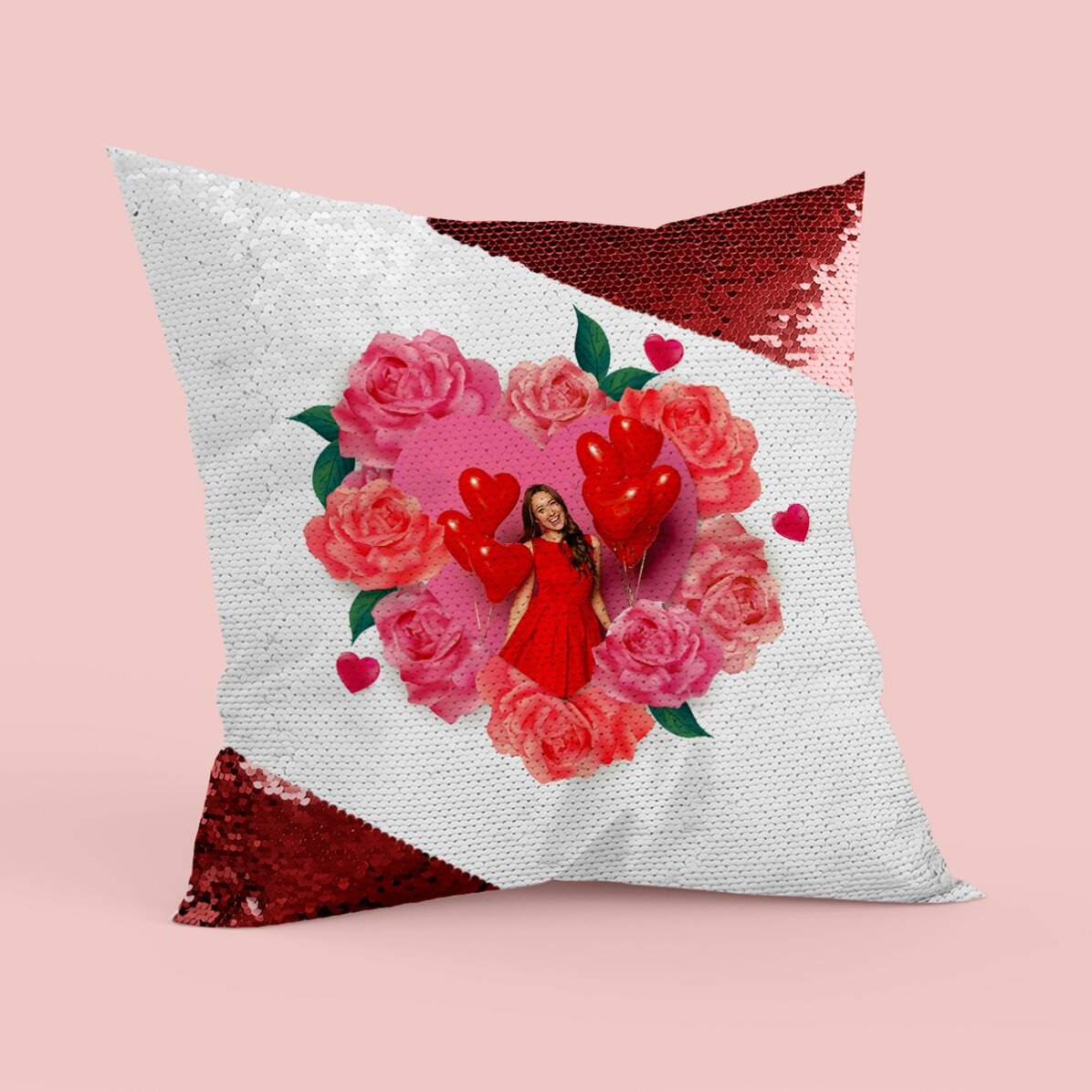 Coussin à paillettes personnalisé avec une photo et des roses