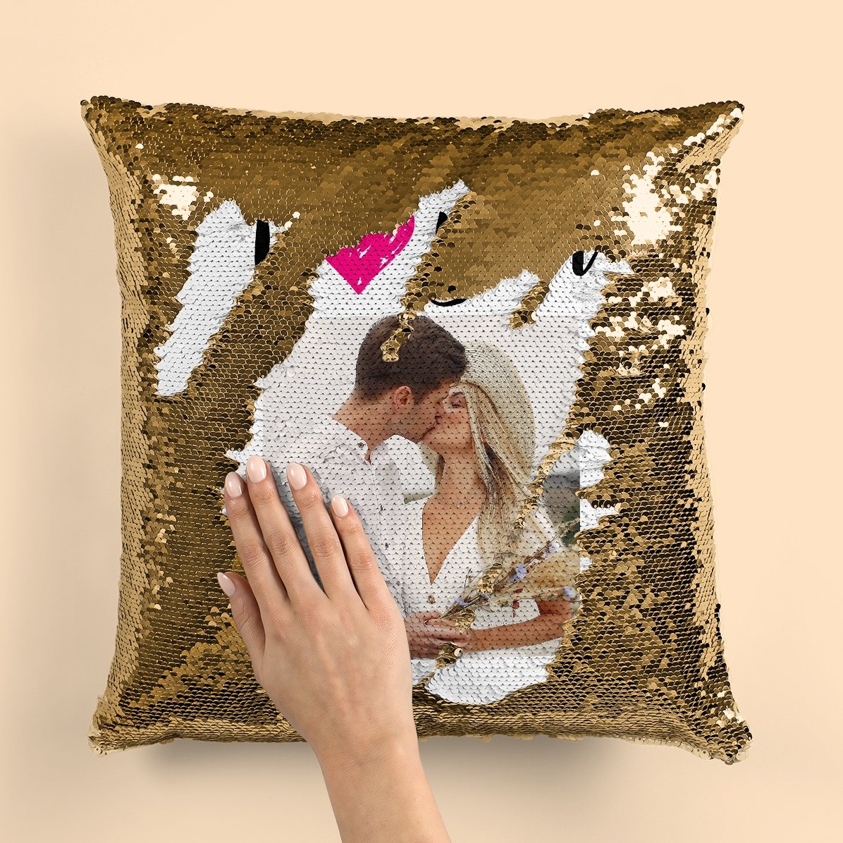 Coussin à paillettes personnalisé avec photo - « I love you »